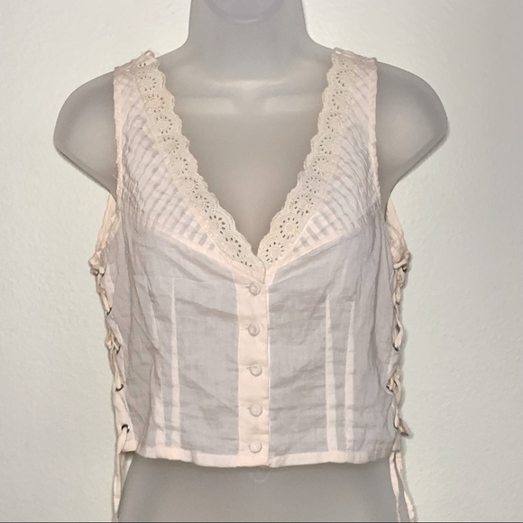 Light Pink Button Down Corset Style Bardot Top w/ Embroidery & Lace Trim - Sz. 0